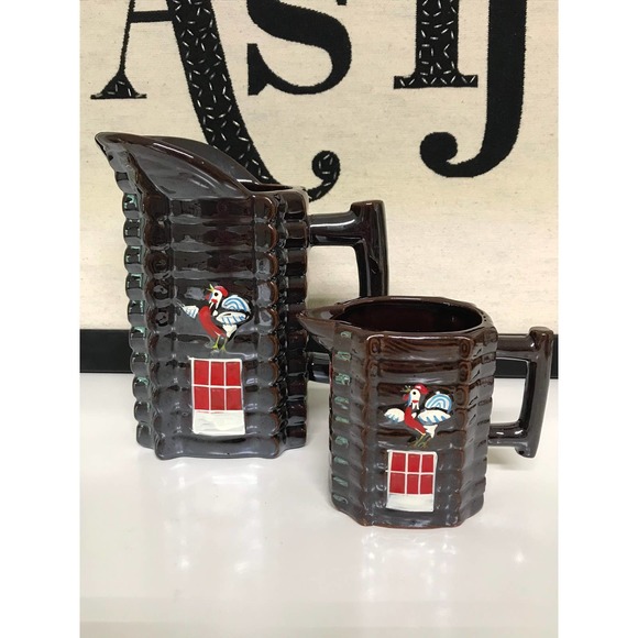 Vintage Lusterware Log Cabin Rooster Butter and Syrup Pitchers - Picture 1 of 4